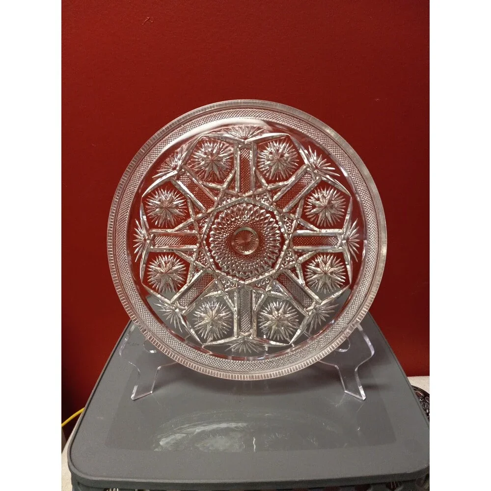 Vtg Cut Glass Round Tray Crosshatched Lip-Starbursts Hobstars...
